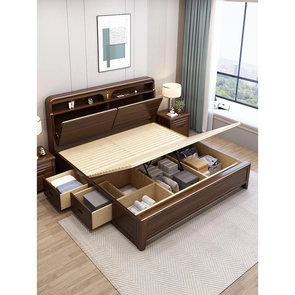 金丝檀木全实木现代简约1.5米双人储物1.8米高箱主卧中式实木大床