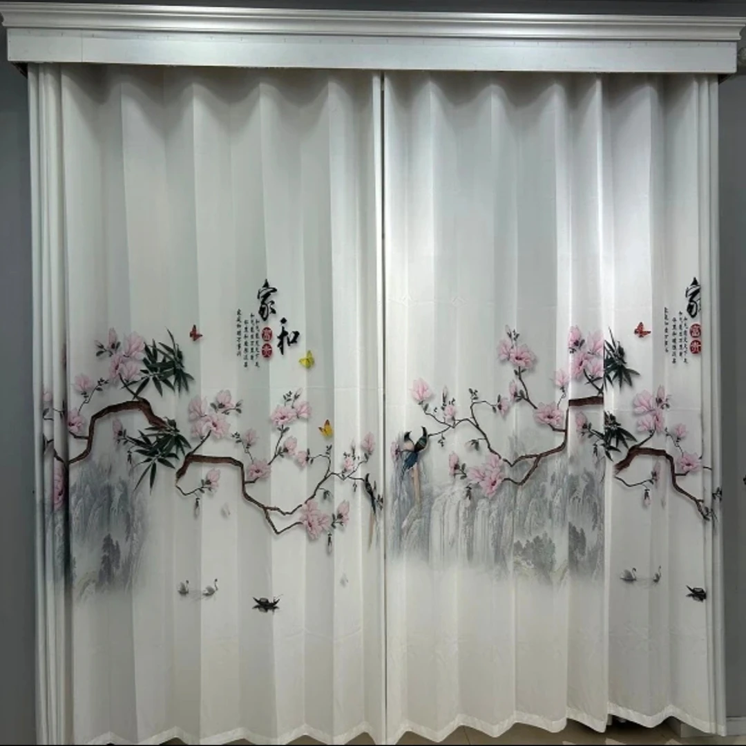 6米对开（一树桃花）新中式简约 透光不透人纱帘