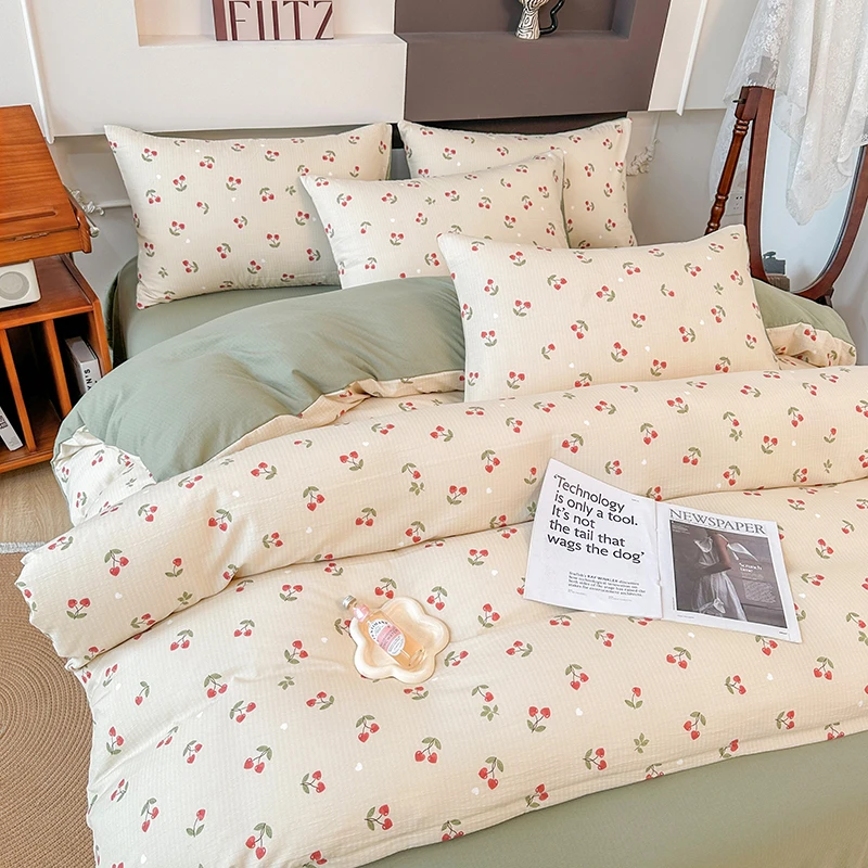 复古风ins小碎花被罩床上四件套小竺棉提花套件被套床单四季通用