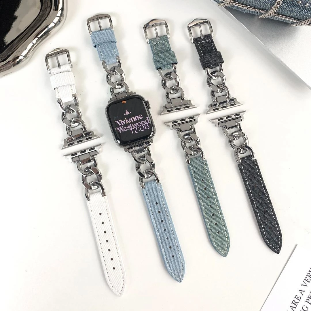 适用苹果iwatchS98表带复古牛仔链苹果iwatchs7手表6543代小众se2