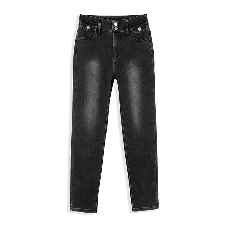 加绒牛仔裤子春秋季黑色高腰开衩直筒铅笔裤