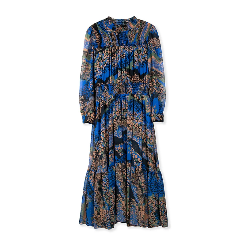 秋季新款蓝色鸢尾碎花乔其褶皱长袖套头轻奢气质连衣裙