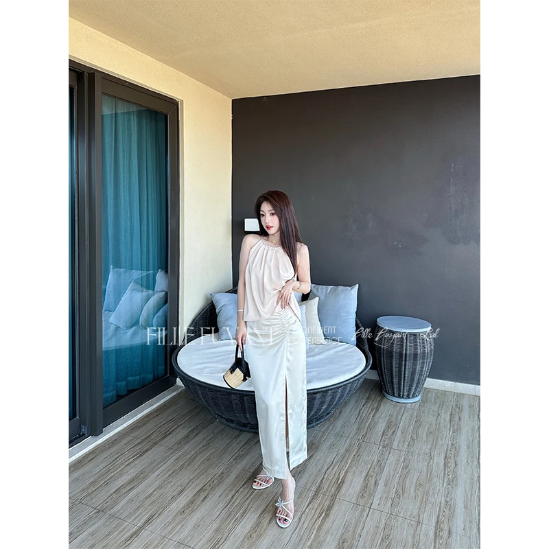 AILIER“微醺假日”夏季新款 法式精致高级抽褶修身显瘦百搭半身裙