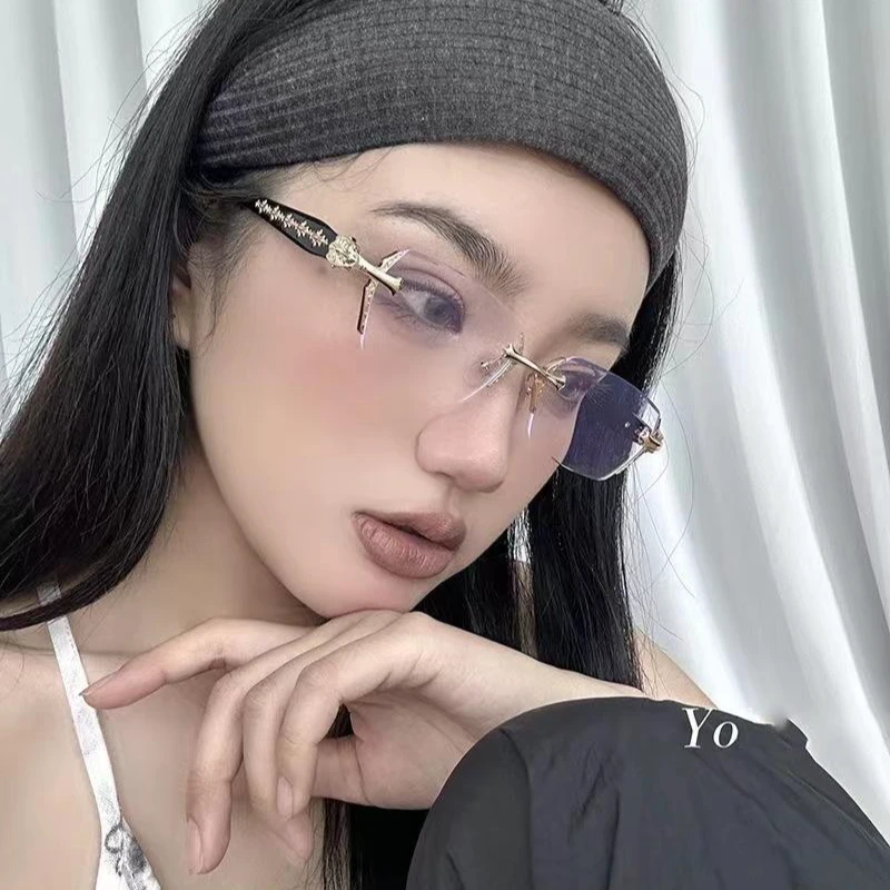 纯欲无框素颜平光镜御姐高级感防蓝光可配近视眼镜方圆脸显瘦镜框