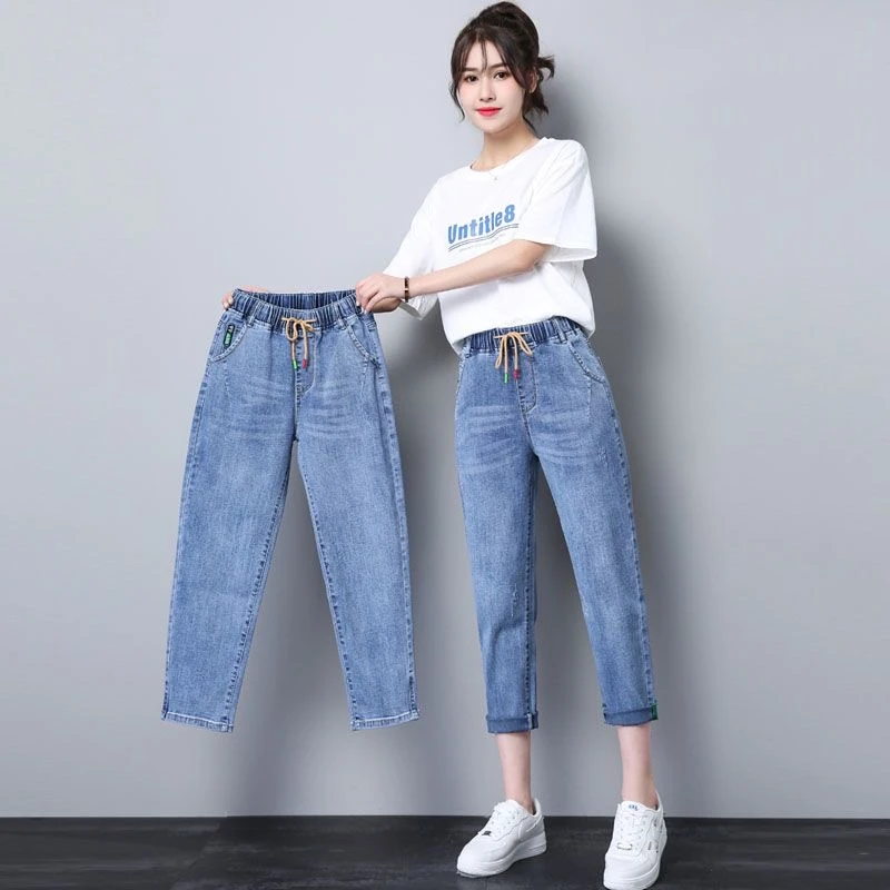 松紧腰八分牛仔裤女2024春夏季新款浅蓝色小个子七分老爹哈伦裤子