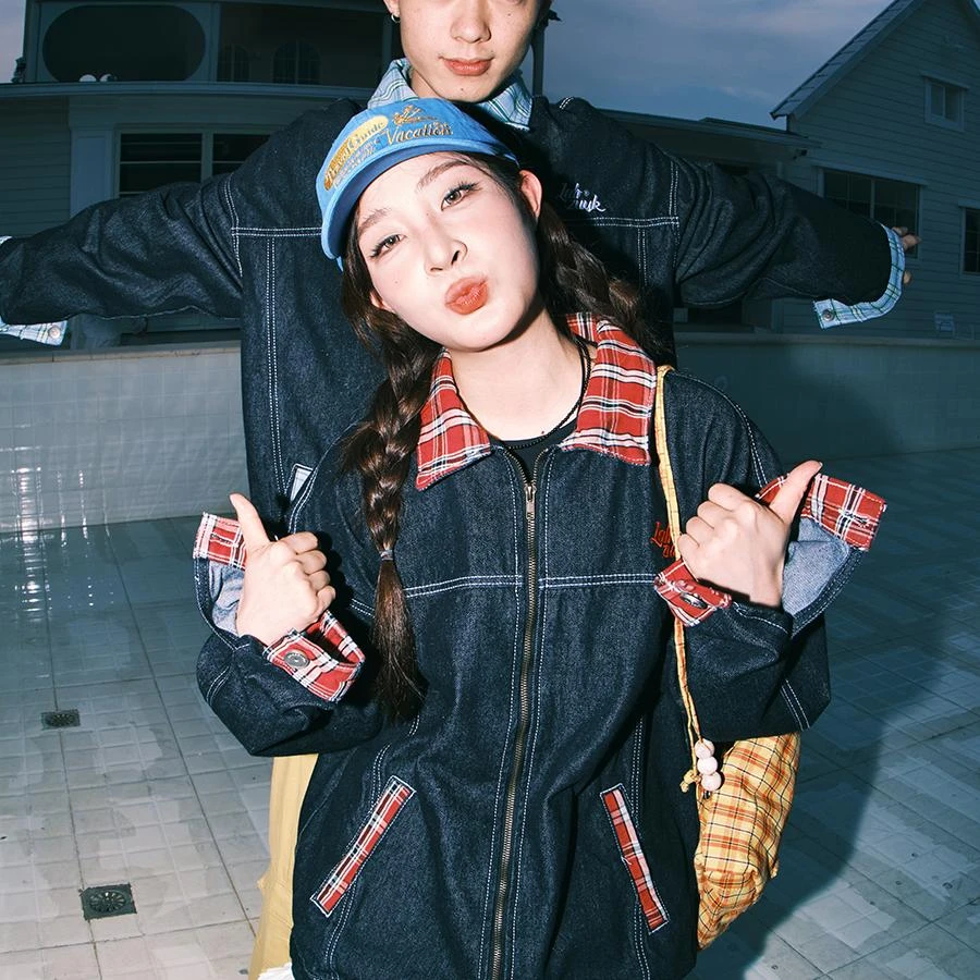 lemanism潮牌格子撞色翻领牛仔外套男女同款春秋季情侣款夹克上衣