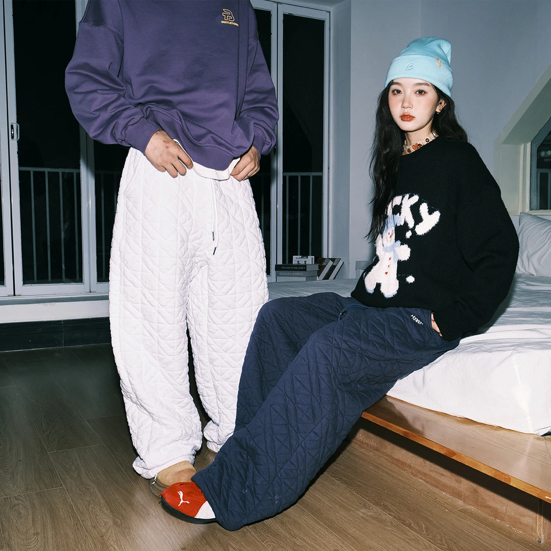 lemanism美式复古纹理感加绒棉裤男2024冬季直筒裤保暖休闲裤子女