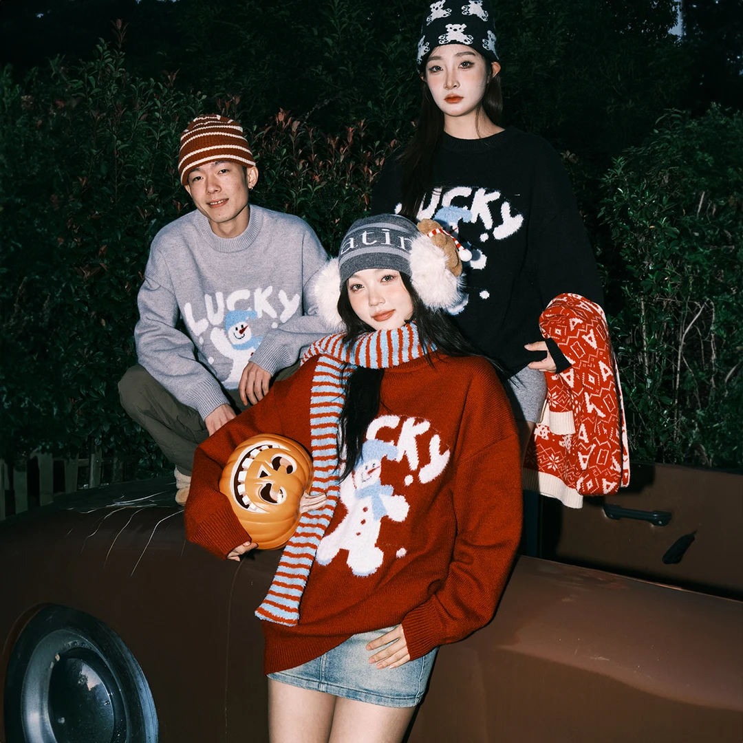 lemanism潮牌卡通雪人圣诞毛衣男2024秋冬季情侣款针织线衣外套女