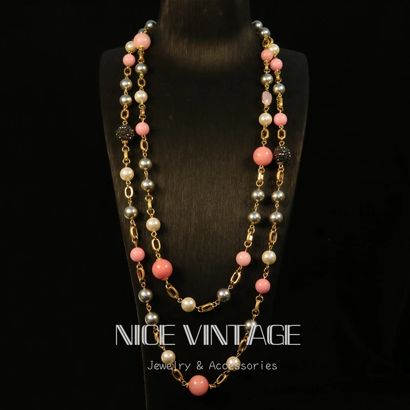 锌合金项链 粉色长款项链 轻奢时尚镶嵌链条气质百搭长链素款