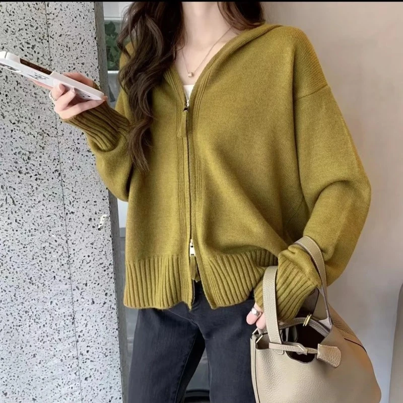 芮初秋冬新款慵懒风毛衣帽衫双拉链时尚连帽针织衫女开衫