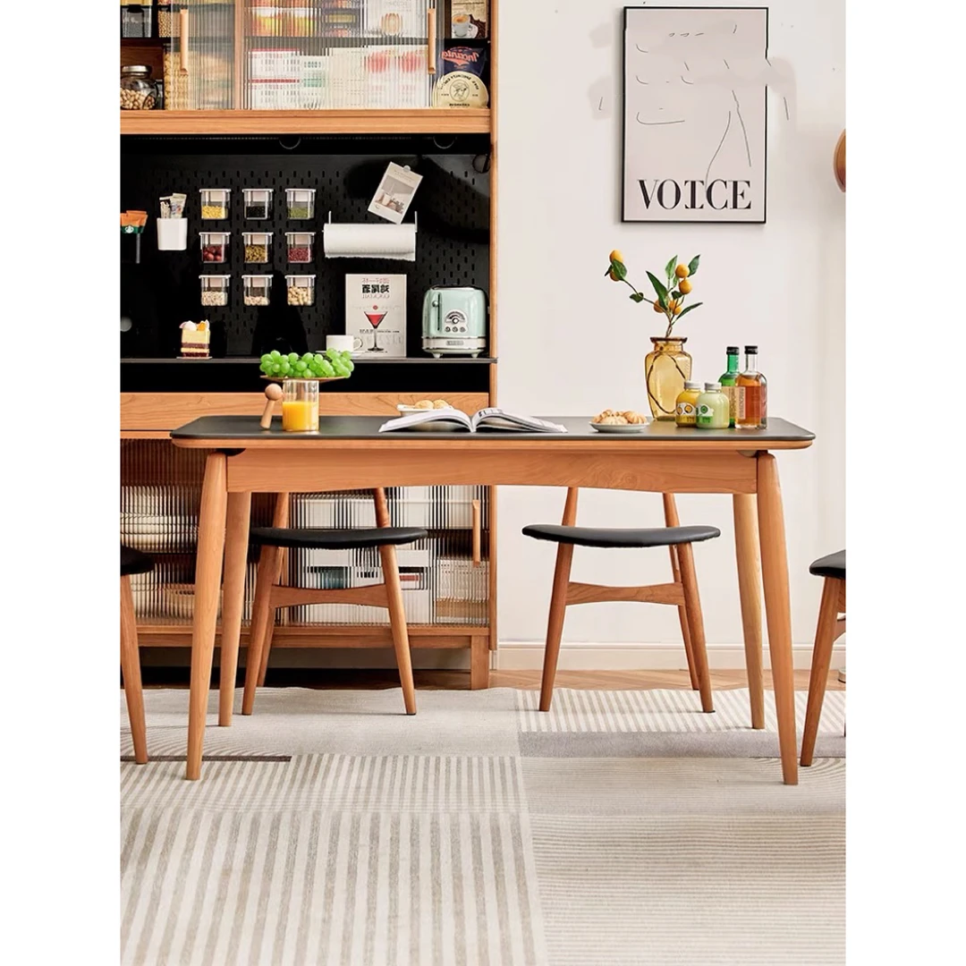 北欧实木岩板餐桌日式樱桃木家用纯白黑色饭桌小户型餐桌椅组合