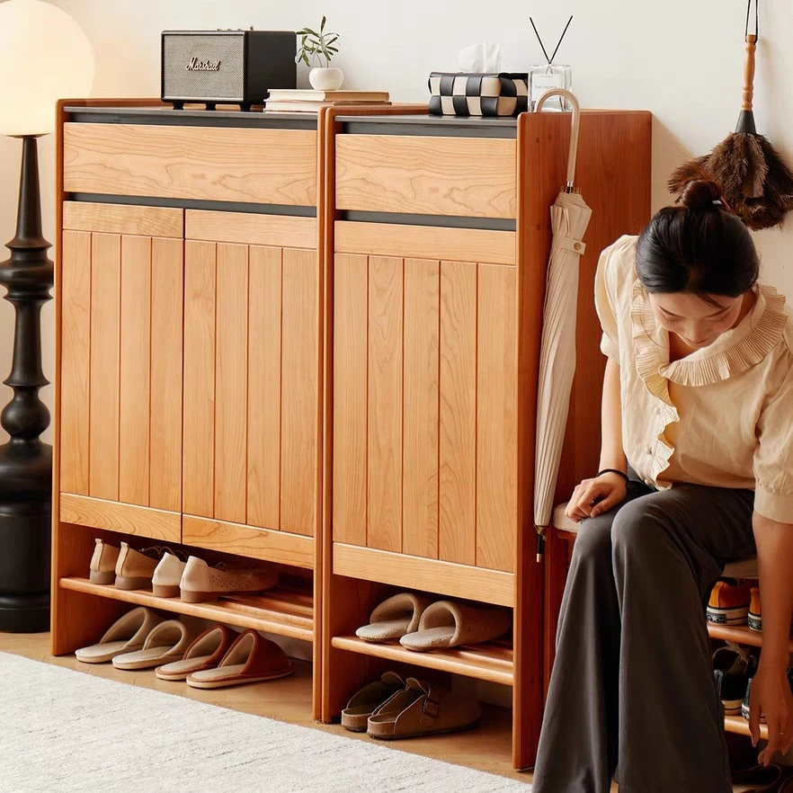 北欧复古实木鞋柜小户型门口超薄储物置物柜大容量玄关柜