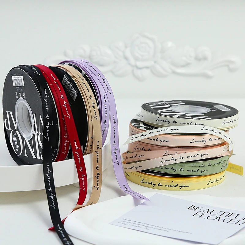 情人节新款1.0cm幸运遇到你英文丝带鲜花花束礼物绑带花艺材料