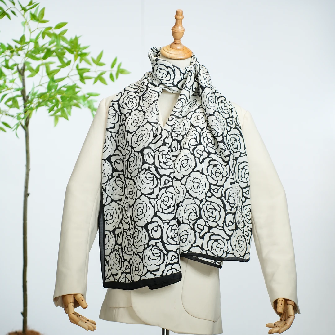 C276【黑白山茶】90*180丝巾春夏百搭印花围巾时尚披肩女气质大方