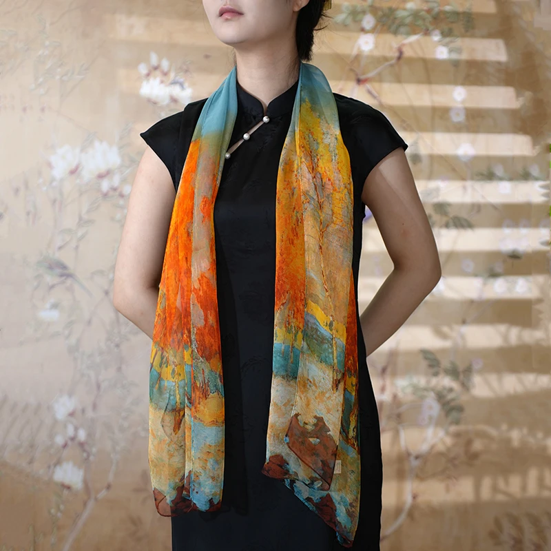 C40【白桦林】55*165乔其纱复古长巾气质百搭时尚围巾披肩丝巾女士