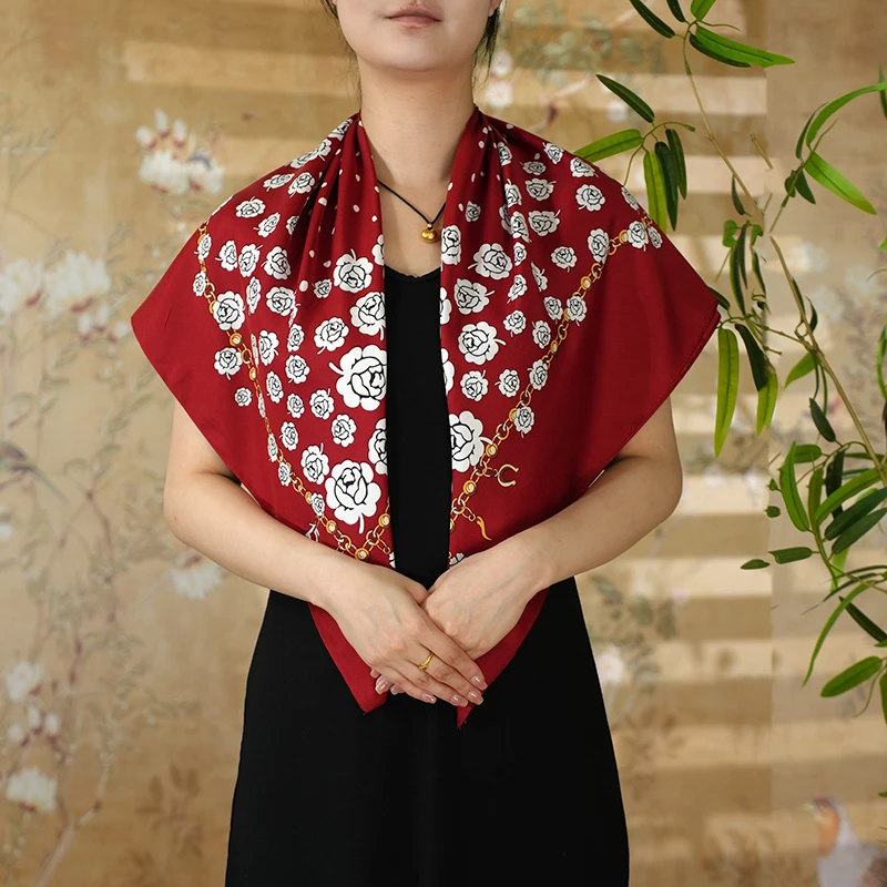 C630【红色山茶】90*90香云缎气质方巾复古百搭时尚围巾披肩丝巾女