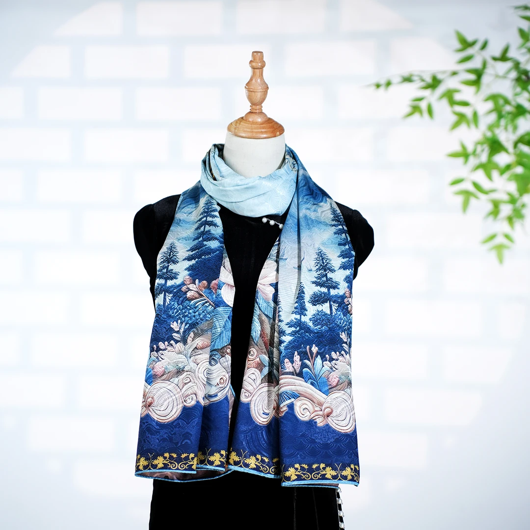 C336【温澜朝生】70*180龙鳞纹高端中国风长丝巾复古春夏百搭披肩