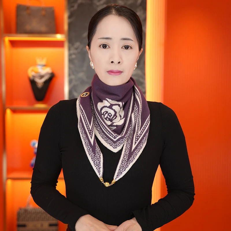 F21【紫色山茶】70*70羊绒蚕丝秋冬方巾气质百搭复古围巾披肩丝巾