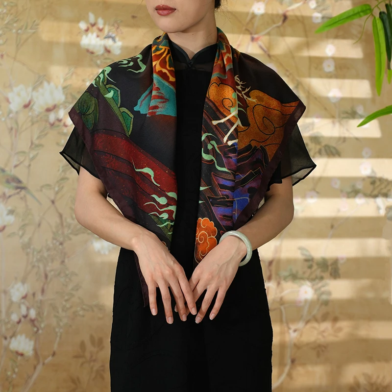 C95【祥鹿仙女】90*90羊绒真丝方巾气质百搭时尚围巾经典披肩丝巾女