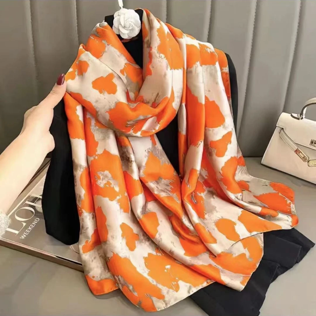 C283【橘色水墨】90*180丽锦缎长巾气质百搭复古围巾披肩时尚丝巾女