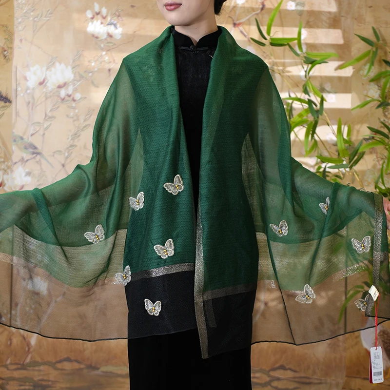 C460【绿色蝴蝶】70*180羊毛刺绣长巾复古百搭时尚围巾披肩丝巾女