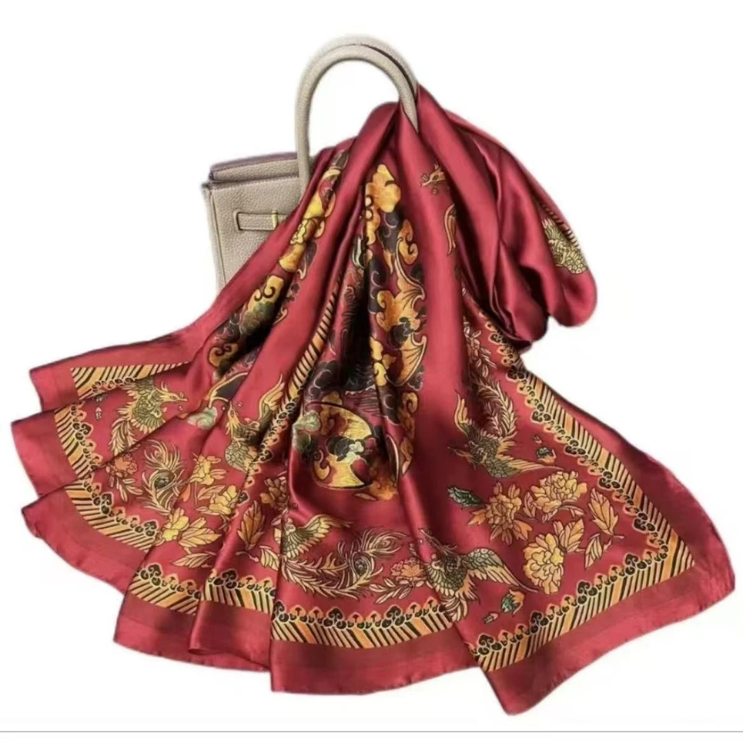 C104【八龙十二凤】80*180丽景缎长巾气质百搭时尚复古围巾披肩丝巾