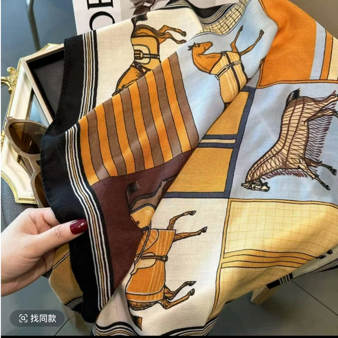 F9【宫廷马】70*70羊绒真丝秋冬方巾气质百搭时尚复古围巾披肩丝巾