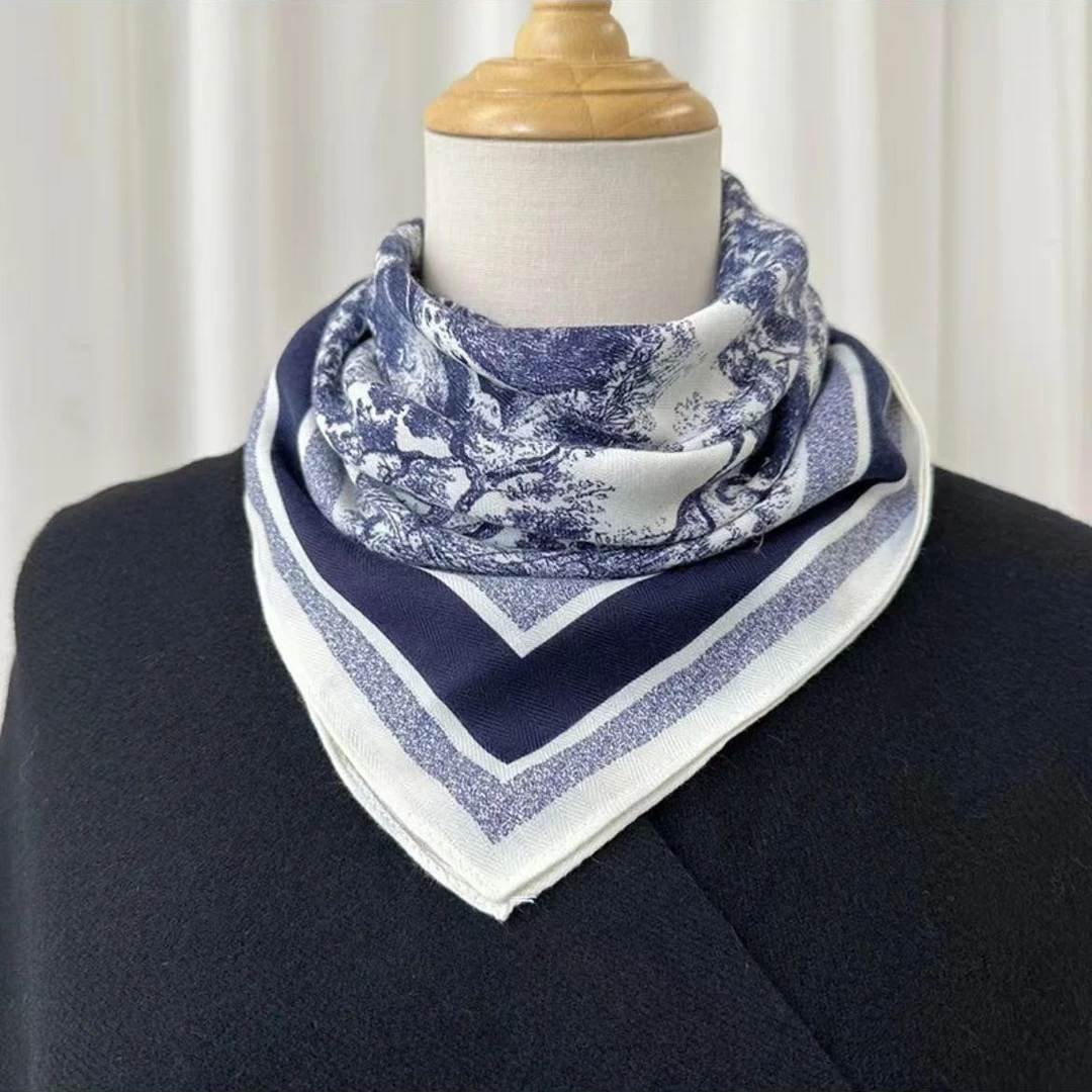 C166【水墨画】70*70羊绒真丝方巾气质百搭时尚复古围巾披肩丝巾女