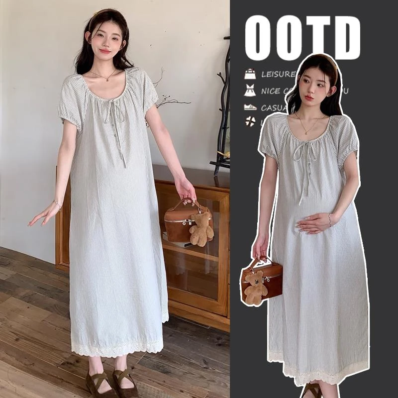 孕妇装夏款2024新款连衣裙时尚大码短袖条纹长裙洋气时髦夏天裙子