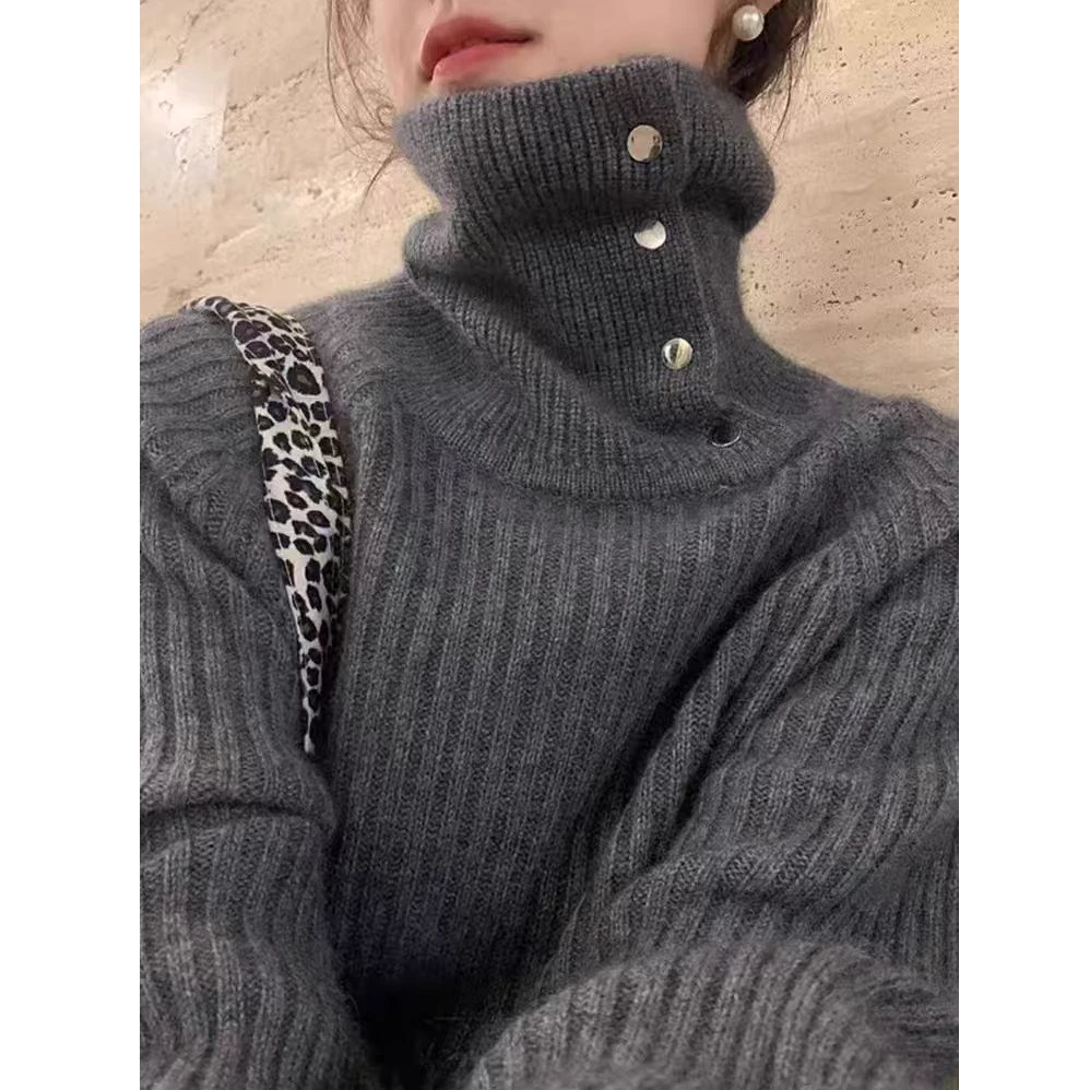 翻领显瘦冬季慵懒风网红高领外穿毛衣时尚纯色毛针织衫意式