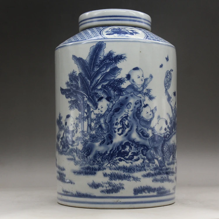 青花釉下彩婴戏图大号家用茶叶罐储物罐装饰器皿