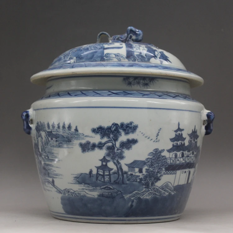 青花釉下彩山水大号家用粥罐茶叶罐储物罐装饰器皿