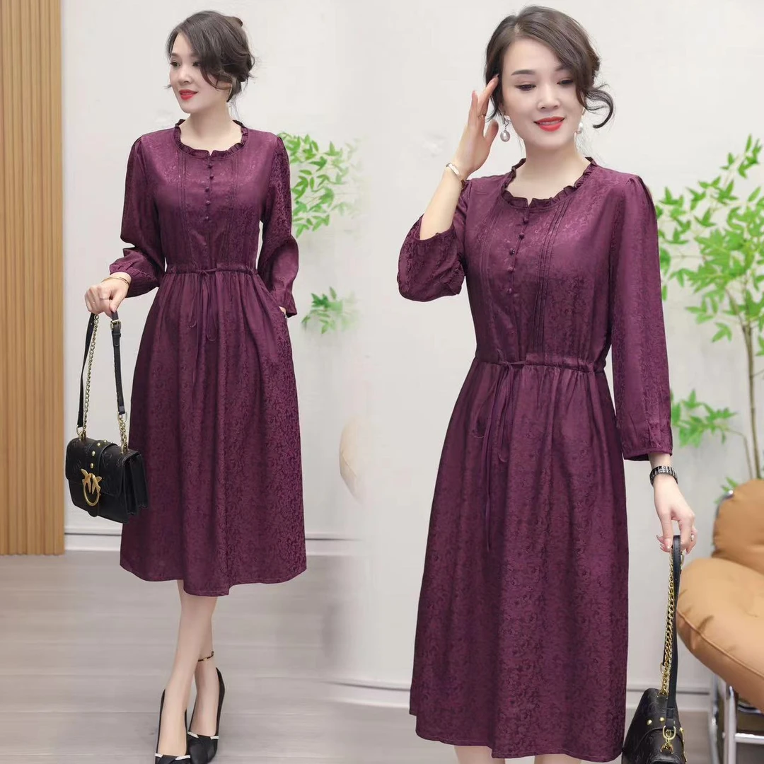 417早秋新款时尚气质宽松连衣裙过膝遮肚洋气长袖显瘦女士中长裙