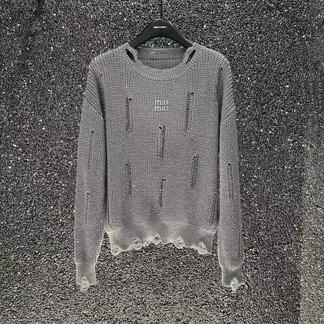 【灰色茉莉】圆领慵懒风长袖针织衫春秋款设计感时尚休闲镂空毛针织