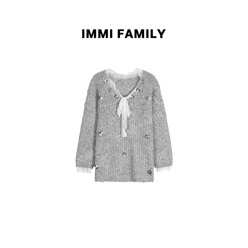 “俏铁梨”法式宽松亮片花朵中长款毛针织女秋冬新款时尚气质毛衣