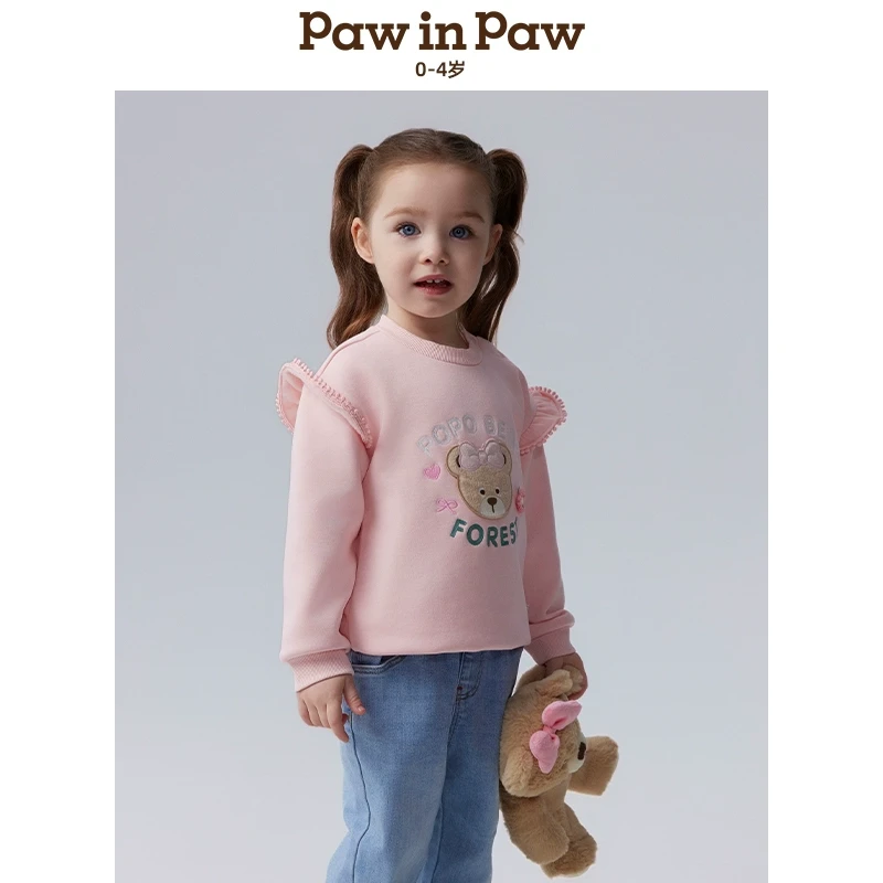 PawinPaw卡通小熊 秋冬新款女宝圆领小飞袖加绒卫衣PCMAE4V82M