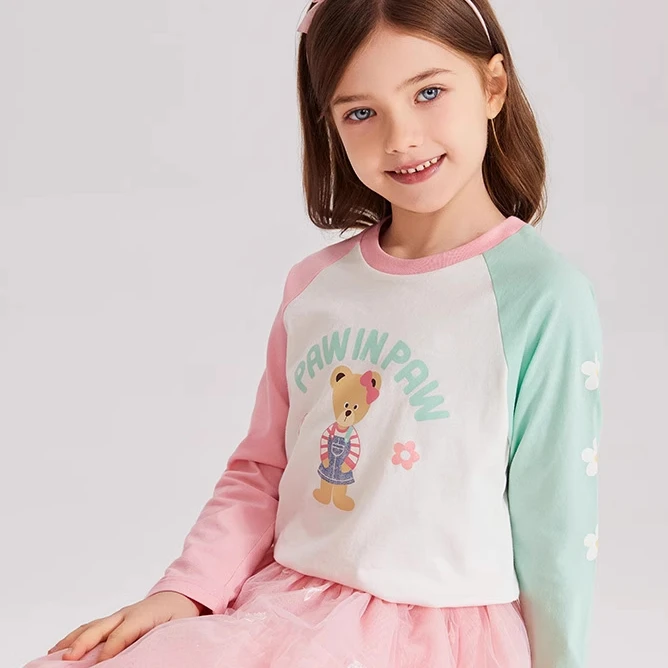 PawinPaw卡通小熊童装 早秋新款女童圆领纯棉插肩袖印花T恤