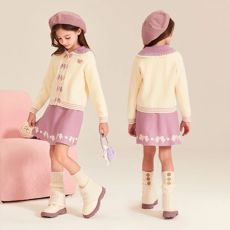 PawinPaw小熊2024年早秋新款女童毛织学院风套装裙甜美PCSKE4V21O