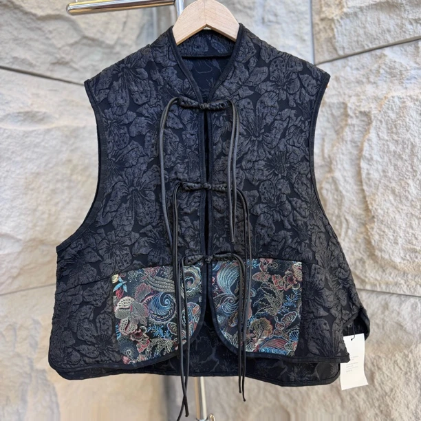 CK607新中式提花刺绣网红拼接马甲民族风复古无袖外套中国风马夹