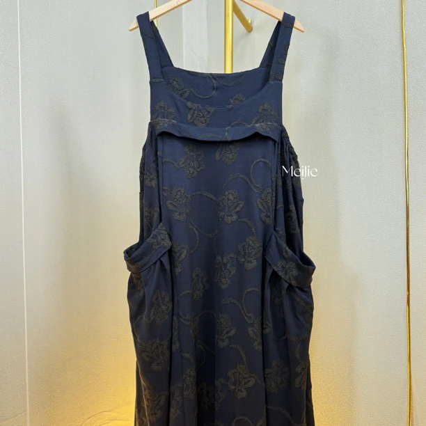 CK986复古蓝色背带长裙立体提花秋冬时尚长款连衣裙