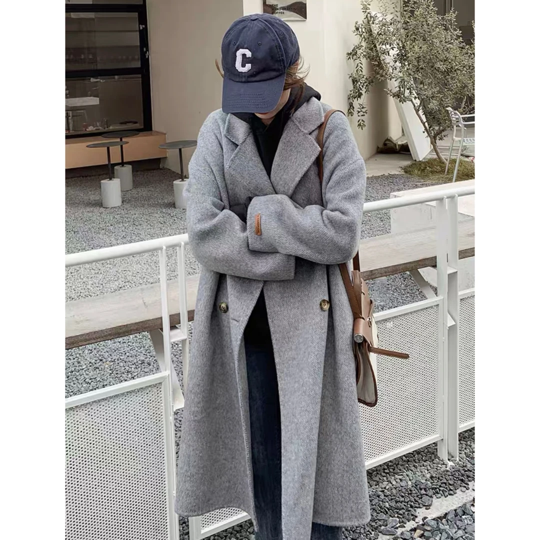 秋冬新款羊毛手工双面呢大衣女外套宽松休闲气质时尚中长款百搭