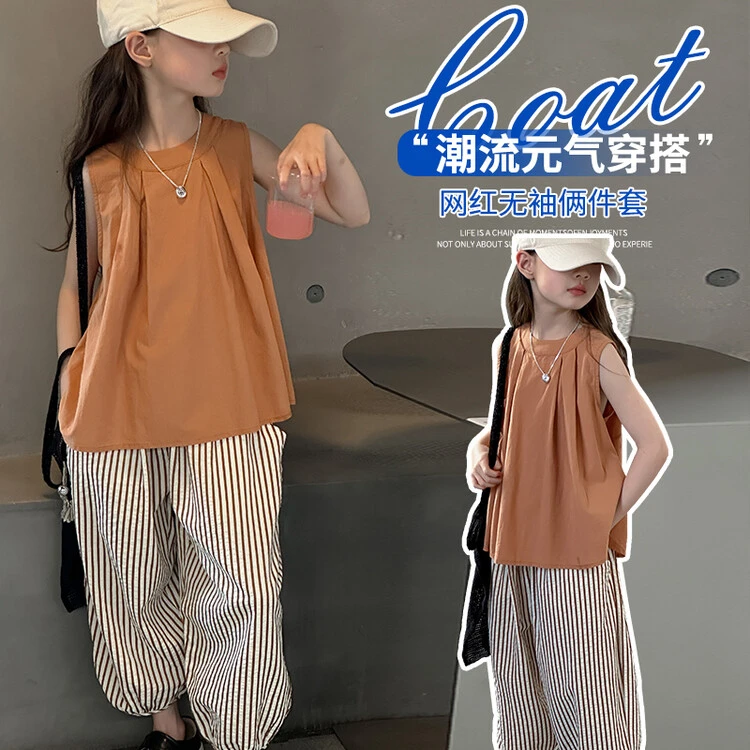女童夏装套装2024新网红条纹裤子时髦炸街6-13岁中大童女孩两件套