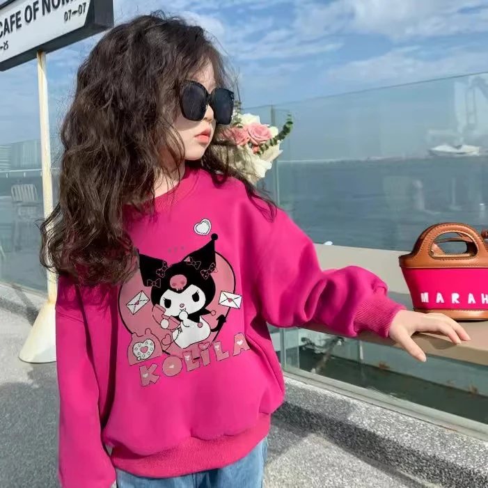 女童秋冬款卡通库洛米加绒卫衣儿童火龙果色宽松加厚百搭长袖上衣