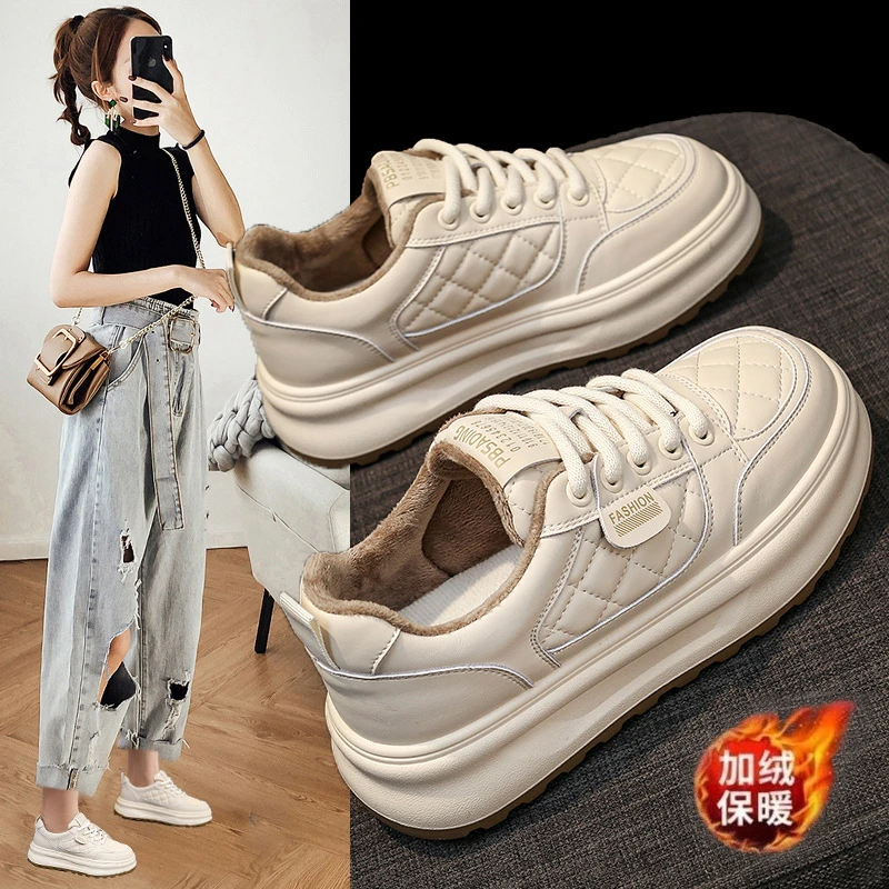 新款2025冬季加绒低帮厚底松糕小白鞋子增高女鞋保暖休闲777