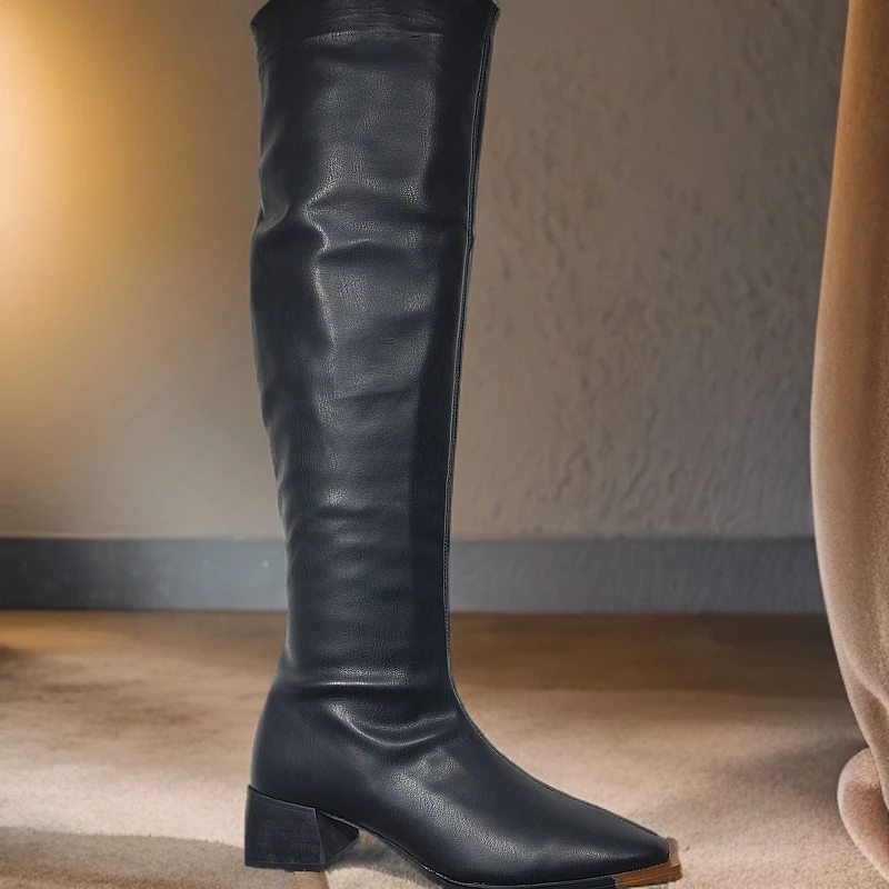 新款广州时尚长靴厚底长筒圆头冬季过膝粗跟骑士秋冬弹力加绒百搭