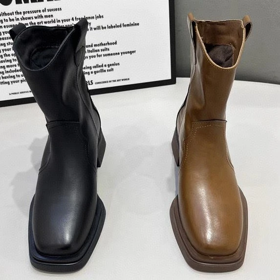 新款正版温州鞋短靴厚底瘦瘦靴弹力韩版秋季粗跟百搭方头复古圆头