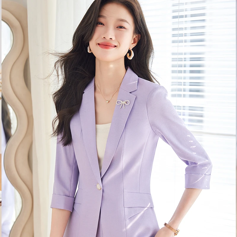 春夏新款中袖小西装休闲职业套装时尚小个子薄款纯色上衣修身西服