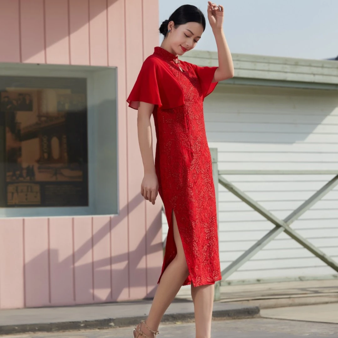 29266#婚庆新娘红色精致唯美蕾丝中国国风复古喜庆时尚改良旗袍