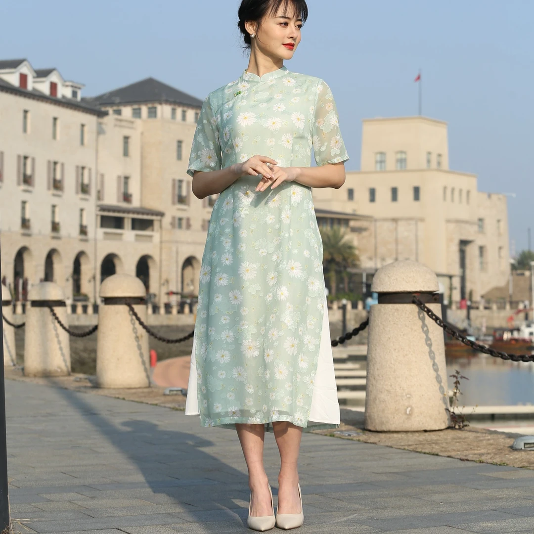 29278出游季【绿色清新菊花】提花改良文艺风稍宽松高定奥黛旗袍