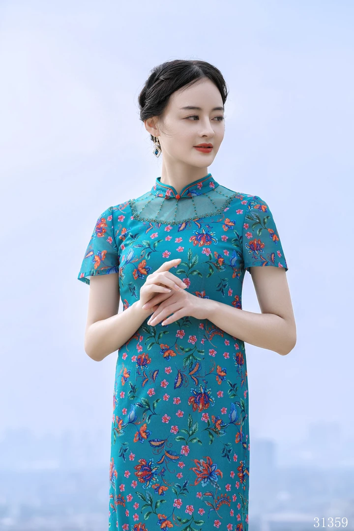 31359 -【青瓷盏】中国风夏季高端轻奢优雅中长款手工定制改良旗袍
